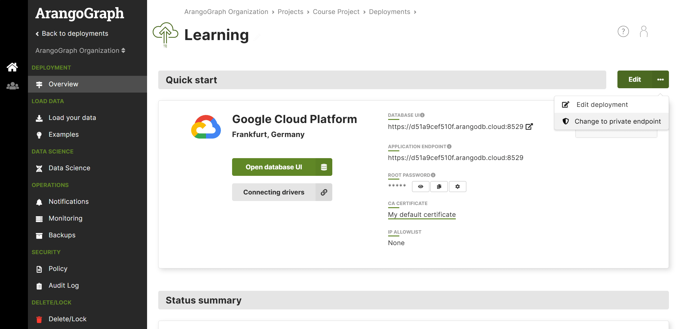 ArangoGraph Deployment Private Endpoint Menu