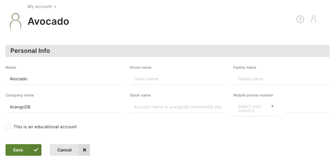 ArangoGraph My Account Info