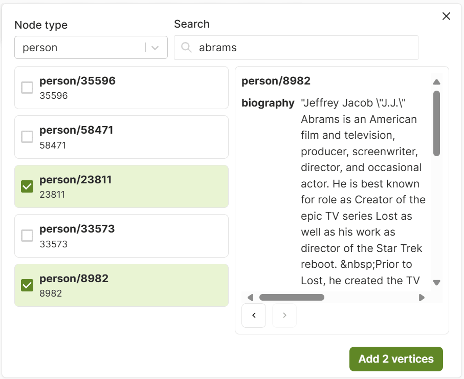 A screenshot of the dialog for adding nodes with two persons selected