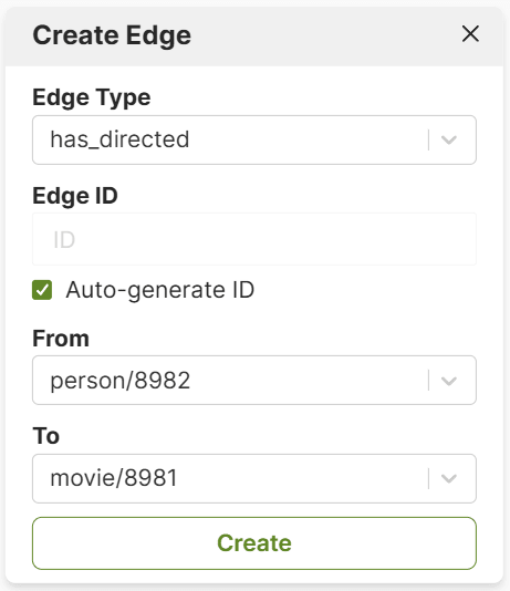 A screenshot of the dialog for creating an edge with the From and To fields filled in