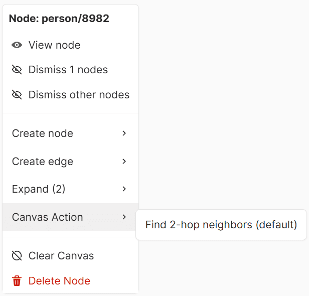 A screenshot of the context menu for a node showing the available Canvas Actions