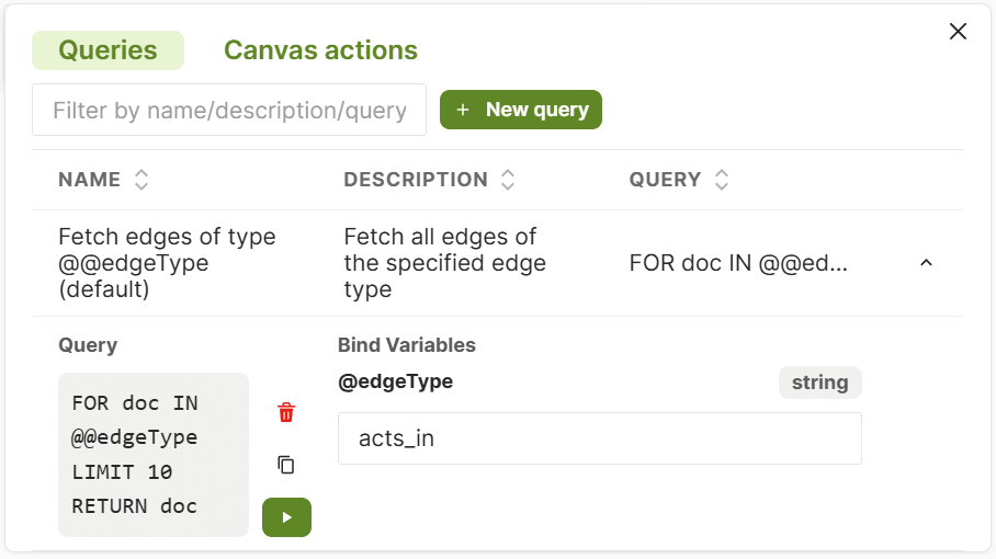 A screenshot of the dialog with a query expanded and a bind variable filled in