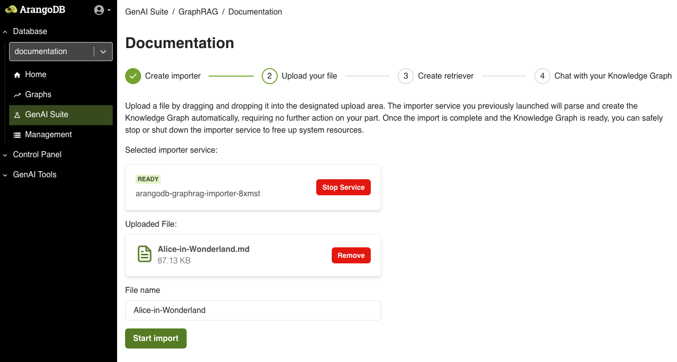 Upload file in GraphRAG web interface